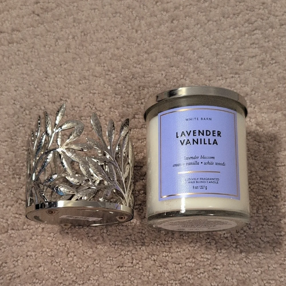 White Barn Lavender Vanilla Candle with Silver Leaf Design Candle Holder NWT - Picture 3 of 5